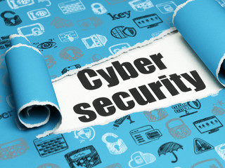 Security concept: black text Cyber Security under the piece of  torn paper