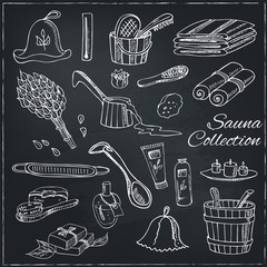 Sauna accessories doodle set. Sketch. 