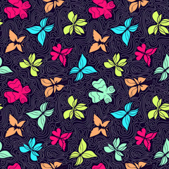 Vector hand-drawn seamless pattern with butterflies and waves, colorful background with butterflies and wavy lines, can be used for design fabric, wrapping paper, wallpaper, EPS 8