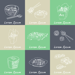 Asian Food. Decorative chinese food icons set.