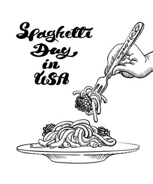  banner spaghetti day in USA with calligraphy text, hand keeps f