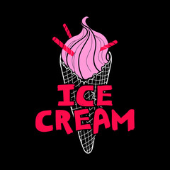 Vector pink ice cream cone with cinnamon, hand lettering Ice Cream, Eps 8