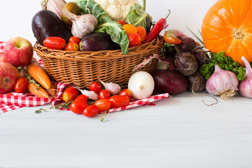 Basket with various fresh fruits and vegetables. Vegetarianism.