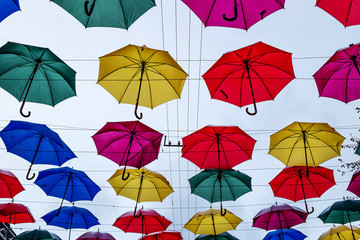 Fototapeta na wymiar Installation Alley umbrellas in Solyanoi lane in Saint Petersbur
