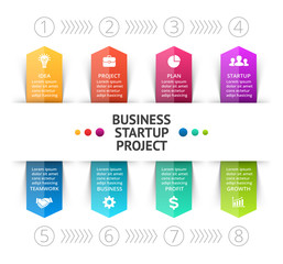 Vector cycle arrows infographic, diagram, graph, business presentation, chart. 8 options, parts, steps, processes. Info graphic data template. Timeline startup stairs project. Target marketing.