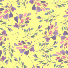 Fototapeta na wymiar Seamless pattern with the watercolor pink and purple leaves and branches on a yellow background, wedding decoration, hand drawn in a pastel
