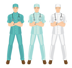 Vector illustration of medical man in medical gown. A young doctor in different color uniform and hat isolated on white background. 