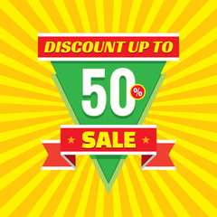 Sale discount up to 50% vector banner concept illustration. Sale vector layout. Sale triangle badge with ribbon. Discount sticker.