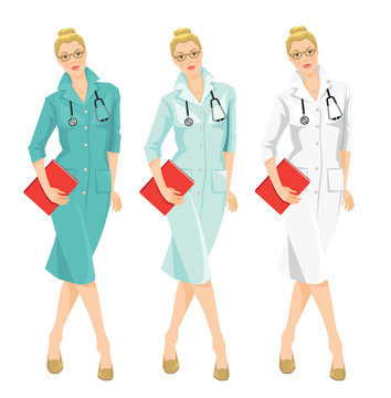 Vector illustration of young doctor holding a folder isolated on white background. A blond serious woman in medical gown. Different color of medical uniform.