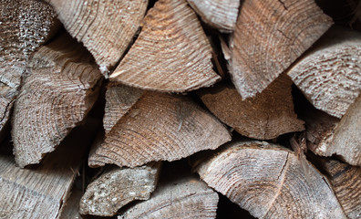 Close up Dry chopped firewood logs in a pile