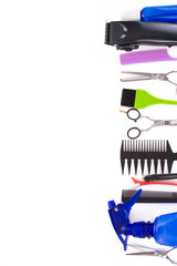Professional hairdressing equipment - hair dryer, a water bottle, comb, scissors, pins, clips. Tools for hairdresser, beauty salon.