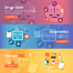 Medical and health banners set. Drug store. Pharmacy. Diagnostics. Therapy. Medicine. Pills. Modern flat vector illustrations. Horizontal banners.