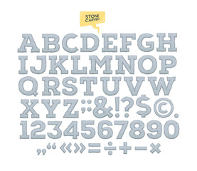 Vector stone carved alphabet. Letters. numbers made of stone.