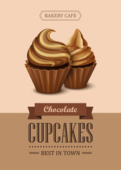Poster vector template with chocolate cupcakes. Advertising for coffee shop or cafe.