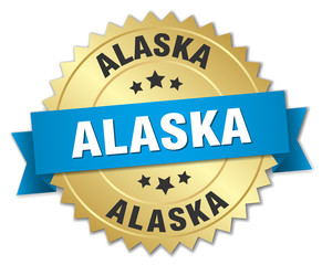 Alaska round golden badge with blue ribbon