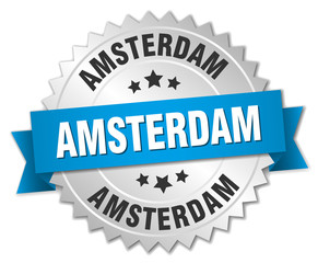 Amsterdam round silver badge with blue ribbon