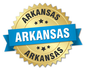 Arkansas round golden badge with blue ribbon
