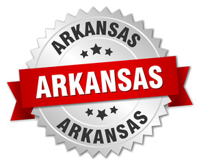 Arkansas  round silver badge with red ribbon