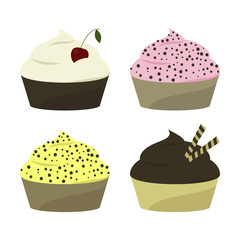 Set of isolated vanilla cupcake with cherry, chocolate cupcake with wafer rolls, strawberry and citrus cupcakes with chocolate sprinkles.