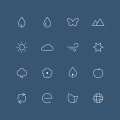 Nature thin outline icon set with rounded corners - different symbols on the dark background