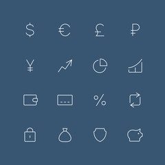 Money thin outline icon set with rounded corners - different symbols on the dark background