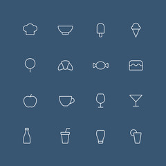 Cafe thin outline icon set with rounded corners - different symbols on the dark background