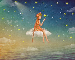 Illustration of a cute girl  sitting  on the moon  in night sky