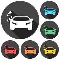 Electric car icons set with long shadow