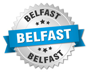 Belfast round silver badge with blue ribbon