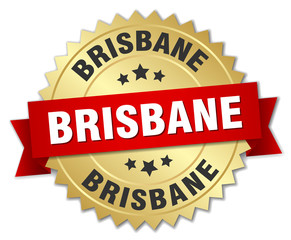 Brisbane round golden badge with red ribbon