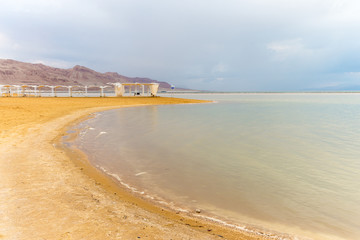 Dead sea beach shore tourist hotels,  Ein Bokek.