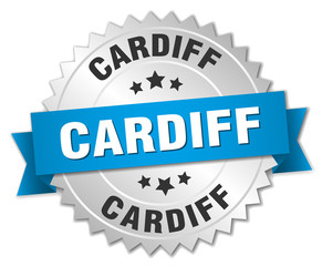 Cardiff round silver badge with blue ribbon