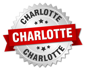Charlotte  round silver badge with red ribbon
