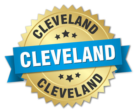 Cleveland round golden badge with blue ribbon