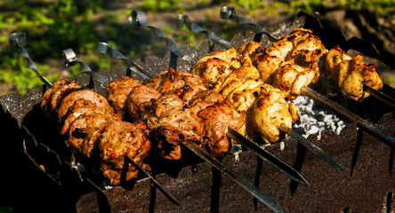 Chicken and veal kebabs barbecues on skewer grill