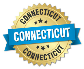 Obraz premium Connecticut round golden badge with blue ribbon