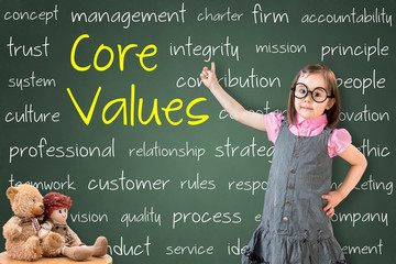 Cute little girl wearing business dress and showing concept of core values on green chalk board. 