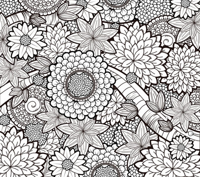 Vector black and white zendoodle tattoo floral background. Flora