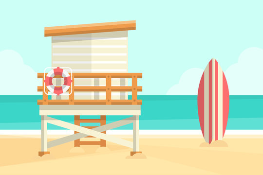 Beach background with lifeguard tower and surfboard. Flat design style. 