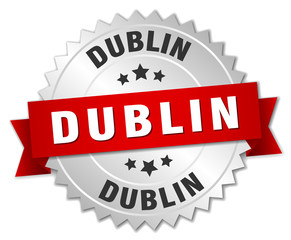 Dublin  round silver badge with red ribbon