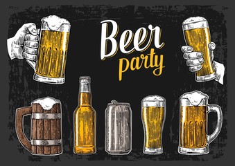 Two hands holding beer glasses mug. Glass, can, bottle. Vintage vector engraving illustration for web, poster, invitation to beer party. Isolated on dark background