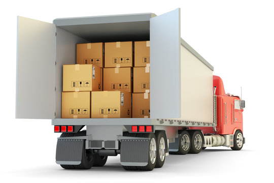 Freight transportation, packages shipment and shipping goods concept, cargo loading and unloading operations, delivery truck full of cardboard boxes isolated on white