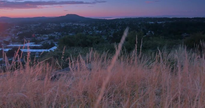 4K Crane Shot through Tall Grass Overlooking Distant Hills and Purple Sky Sunset