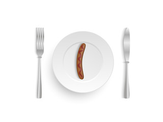 Sausage with ketchup on a plate with fork and knife, vector illustration
