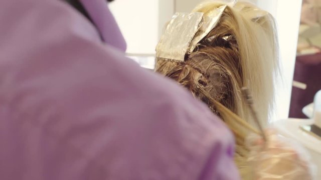 Stylist Paints a Long Strand of Hair of a Girl
