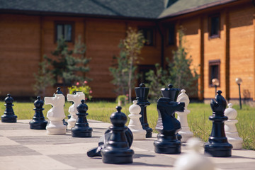 big chess on a background of  wooden house and grass field