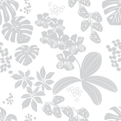 grey-white seamless pattern tropical flowers.vector illustration