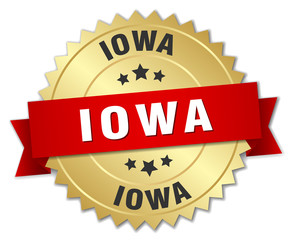 Iowa round golden badge with red ribbon