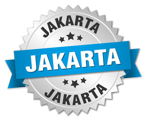 Jakarta round silver badge with blue ribbon