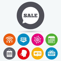 Sale speech bubble icons. Buy now arrow symbol